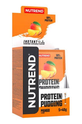 NUTREND Protein Pudding mango flavor packaging, 68% protein, healthy snack box.